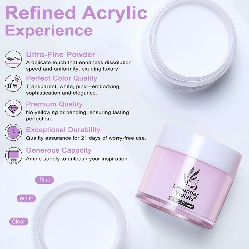 LAVENDER VIOLETS Acrylic Nail Kit - 30g x3 Clear, White, Pink Powder & 80ml Monomer Liquid Set with Carving Brush, Nail Forms, Foil Flakes N302 - Image 3